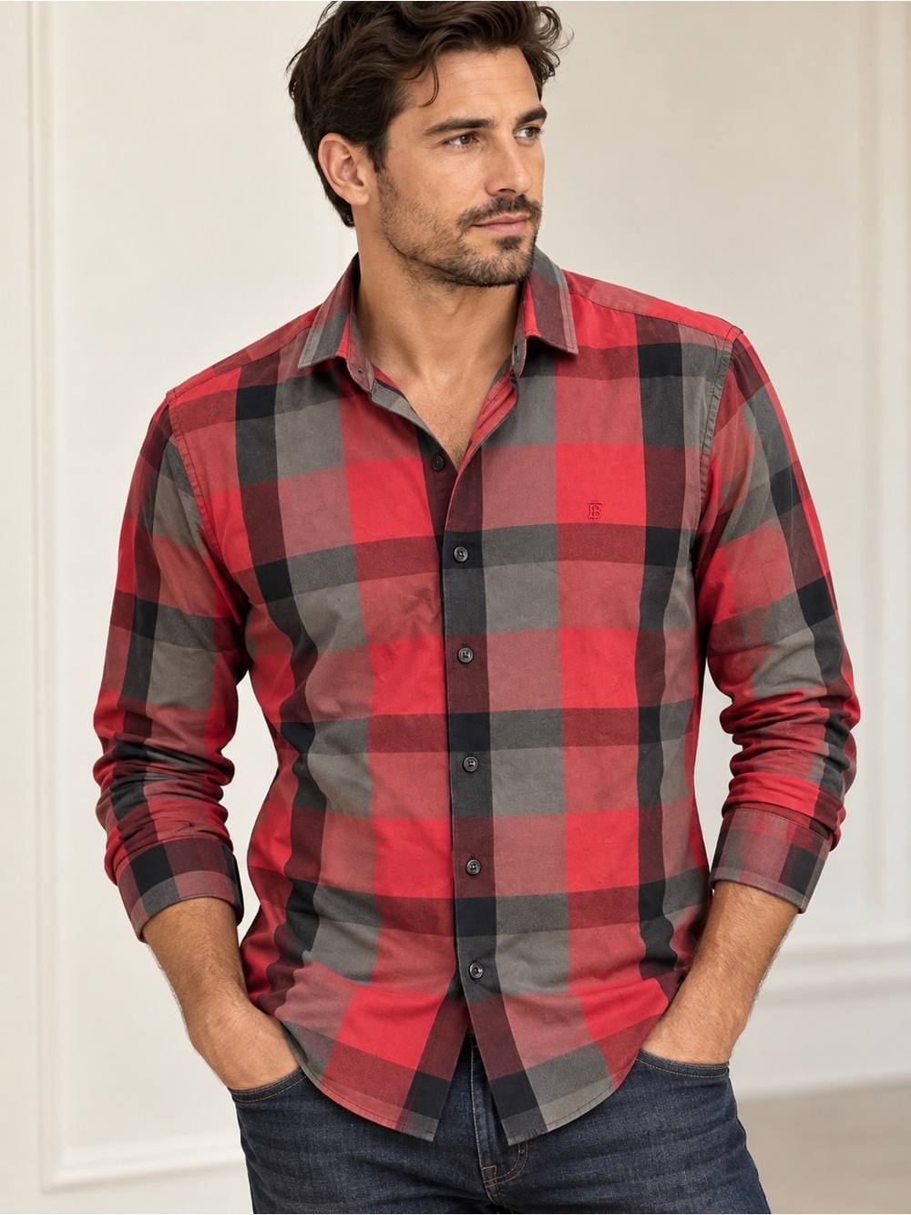 Burberry Red and Gray Checked Long-Sleeve Button-Down Shirt